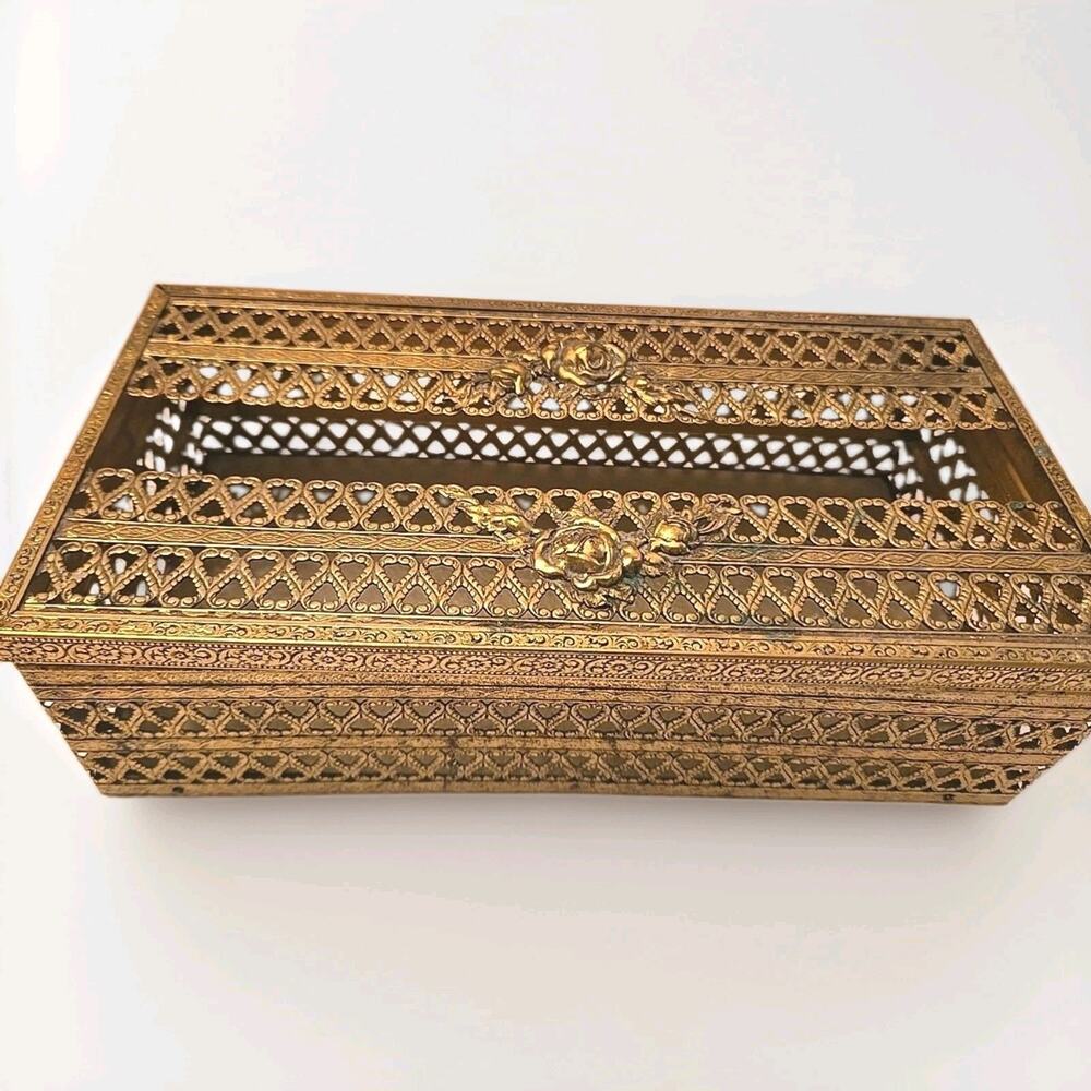 Vintage Gold Filigree Rose Tissue Box Cover Ornate Metal Hollywood Regency